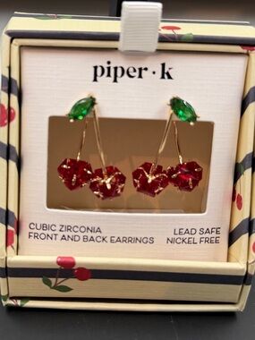 Piper K Cherry Drop Earrings Red Crystal Gold Dangle NWT Gift Box